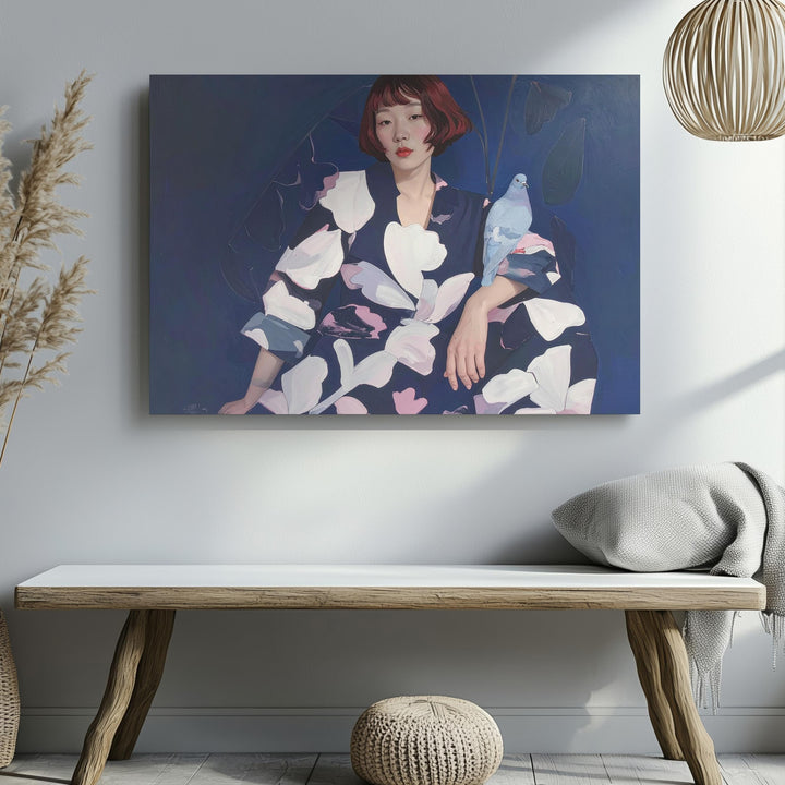 Contemplative Woman with Pigeon Canvas – Modern Figurative Art - Gifitto