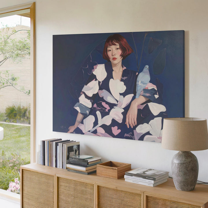 Contemplative Woman with Pigeon Canvas – Modern Figurative Art - Gifitto