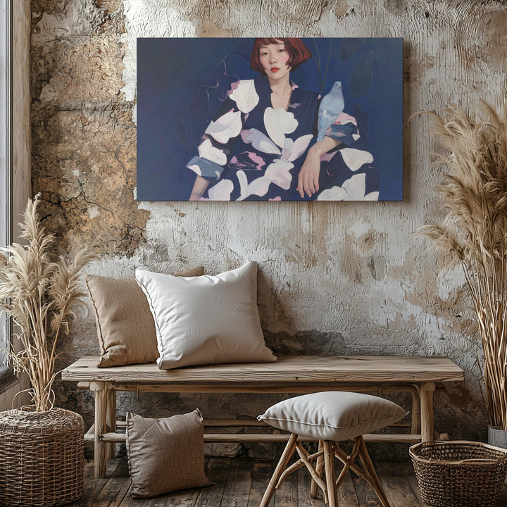 Contemplative Woman with Pigeon Canvas – Modern Figurative Art - Gifitto