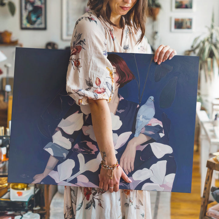 Contemplative Woman with Pigeon Canvas – Modern Figurative Art - Gifitto