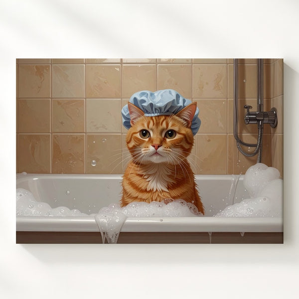 Grumpy Tabby Cat in Bathtub Canvas – Humorous Feline Bath Time Art - Gifitto