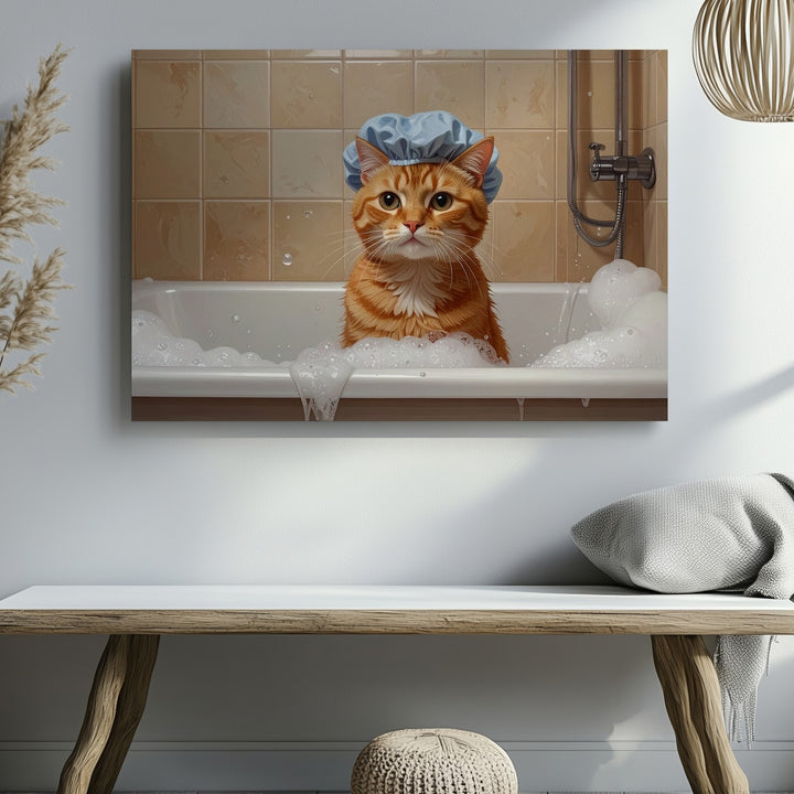 Grumpy Tabby Cat in Bathtub Canvas – Humorous Feline Bath Time Art - Gifitto