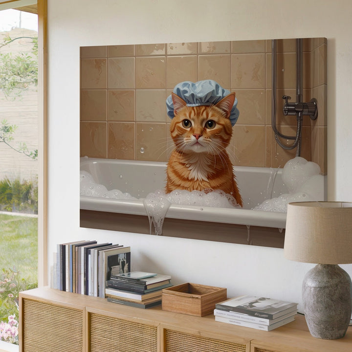 Grumpy Tabby Cat in Bathtub Canvas – Humorous Feline Bath Time Art - Gifitto