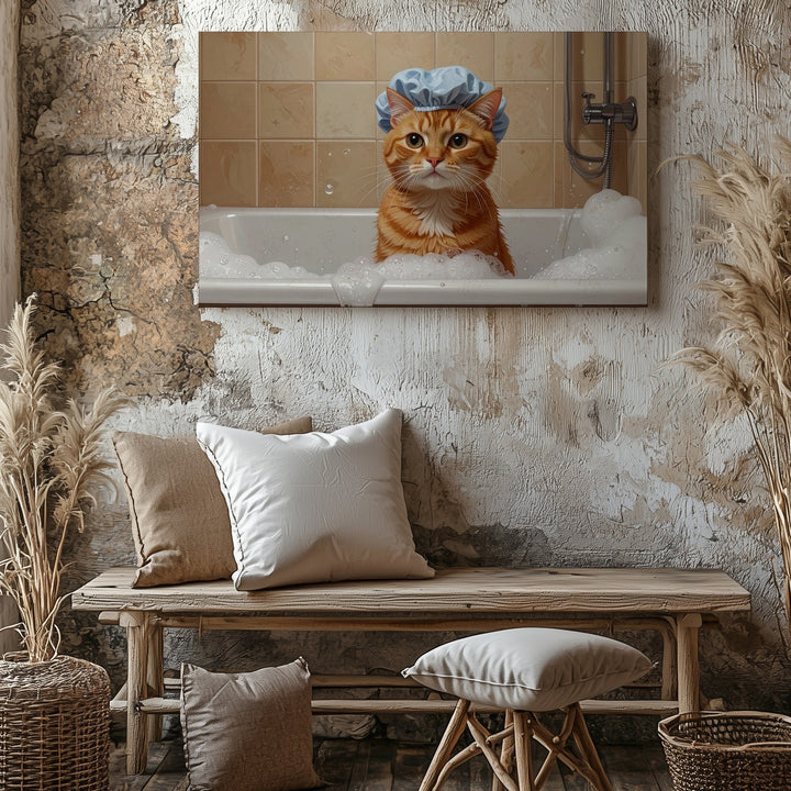 Grumpy Tabby Cat in Bathtub Canvas – Humorous Feline Bath Time Art - Gifitto