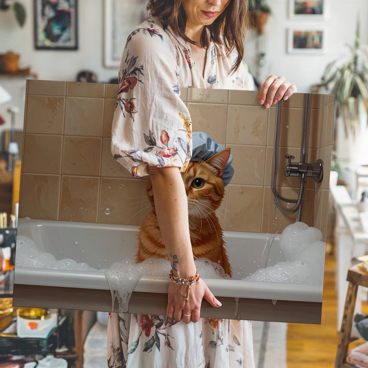 Grumpy Tabby Cat in Bathtub Canvas – Humorous Feline Bath Time Art - Gifitto