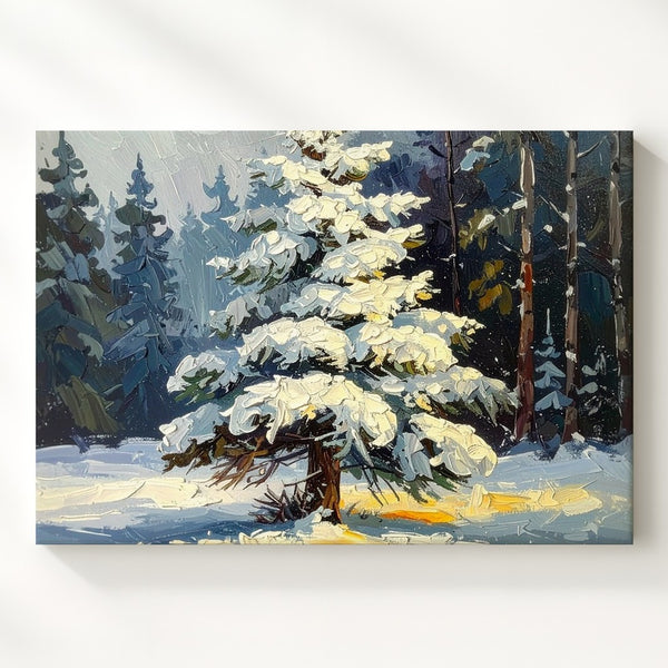Lone Snow-Laden Pine Canvas – Textured Winter Forest Tree Art - Gifitto