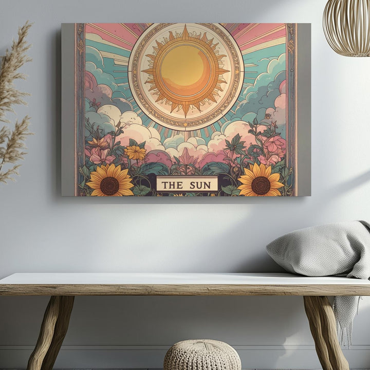 The Sun Tarot Canvas – Boho Vintage-Inspired Wall Art with Floral Radiance - Gifitto