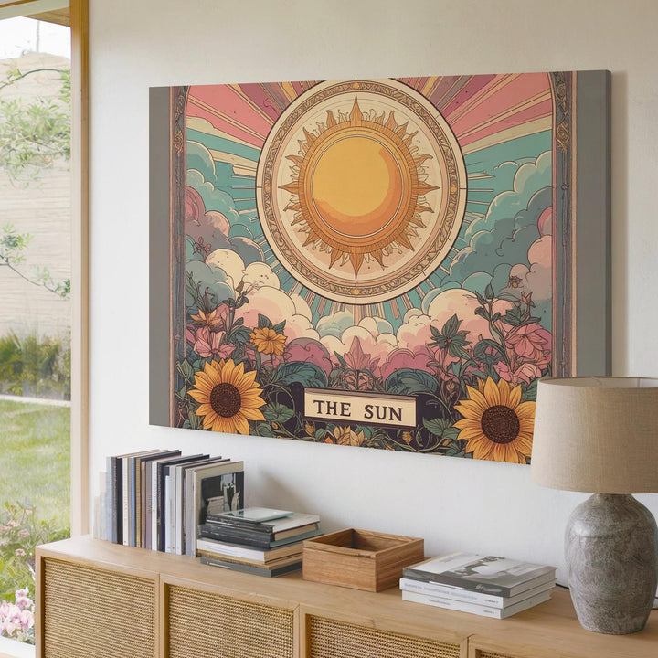 The Sun Tarot Canvas – Boho Vintage-Inspired Wall Art with Floral Radiance - Gifitto