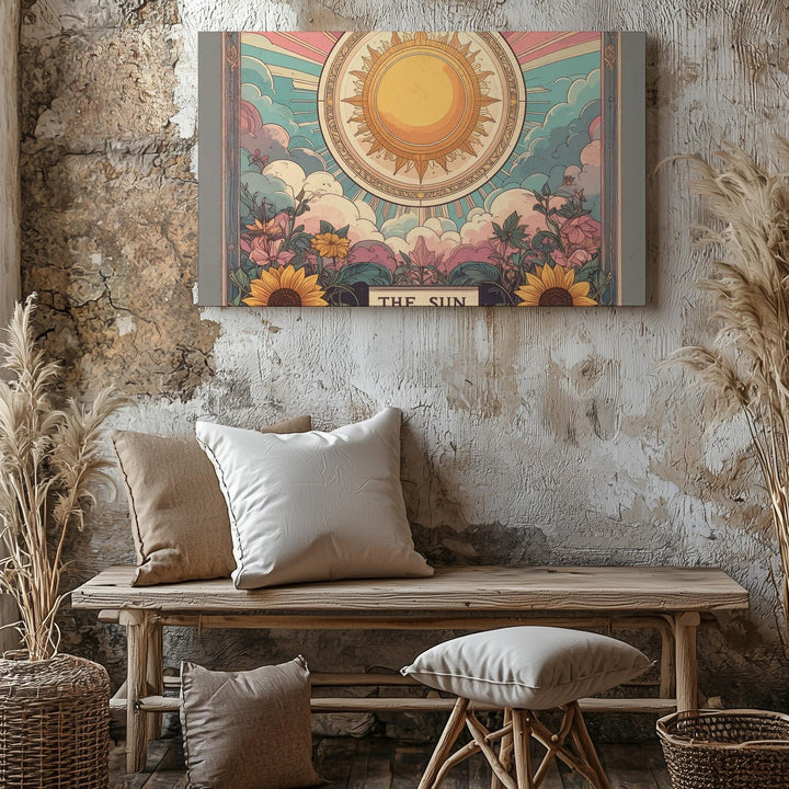 The Sun Tarot Canvas – Boho Vintage-Inspired Wall Art with Floral Radiance - Gifitto