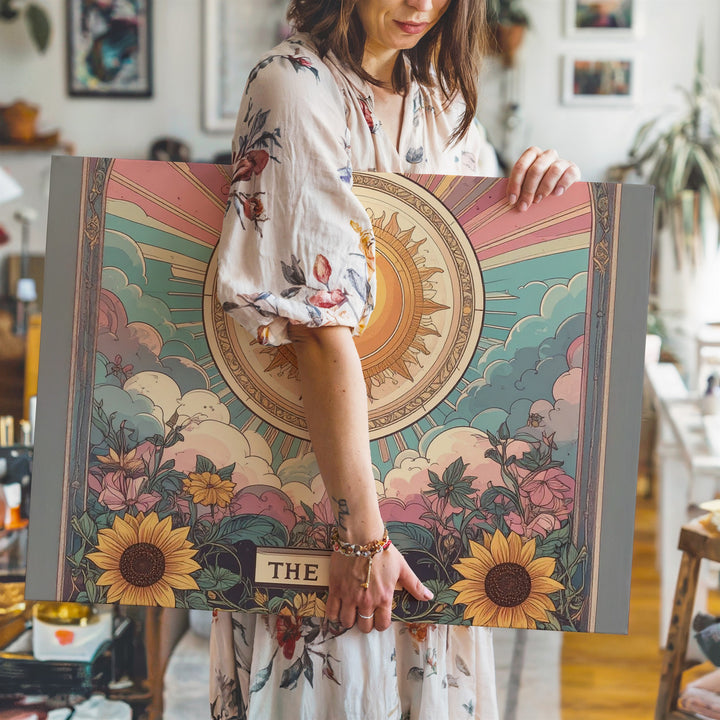 The Sun Tarot Canvas – Boho Vintage-Inspired Wall Art with Floral Radiance - Gifitto