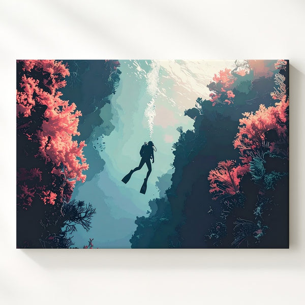 Dream Descent Canvas – Surreal Diver Between Coral Cliffs
