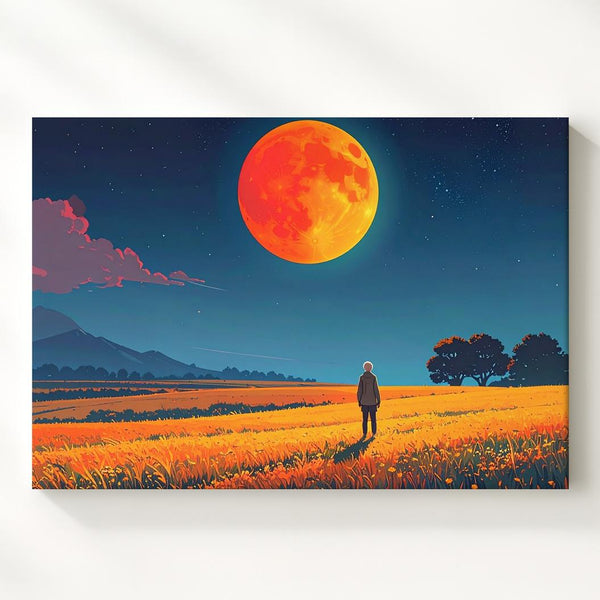 Solitary Field Canvas – Glowing Orange Moon and Starry Sky - Gifitto