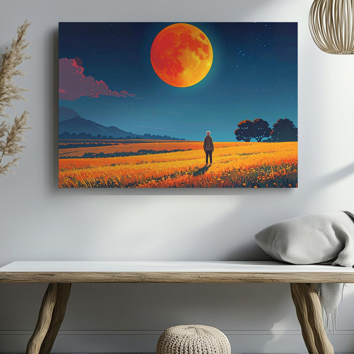 Solitary Field Canvas – Glowing Orange Moon and Starry Sky - Gifitto