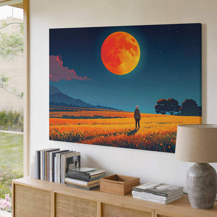 Solitary Field Canvas – Glowing Orange Moon and Starry Sky - Gifitto