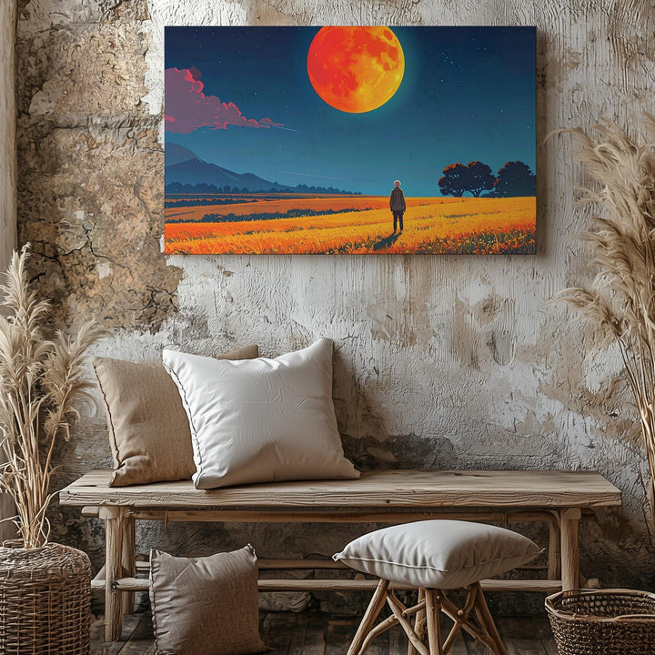 Solitary Field Canvas – Glowing Orange Moon and Starry Sky - Gifitto