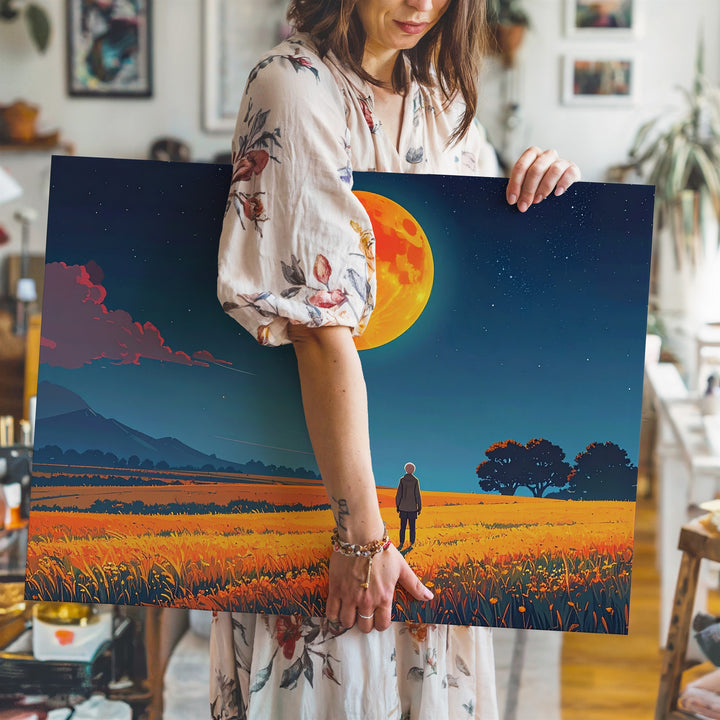 Solitary Field Canvas – Glowing Orange Moon and Starry Sky - Gifitto