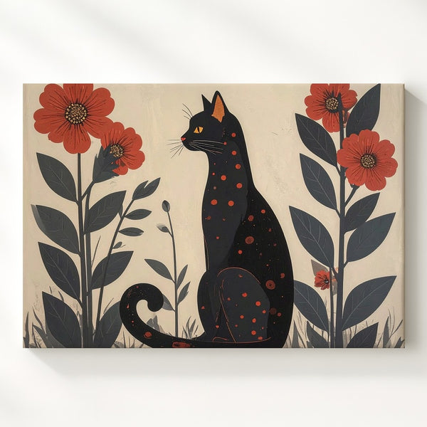 Folk Art Black Cat Canvas – Stylized Red Floral Illustration Print - Gifitto