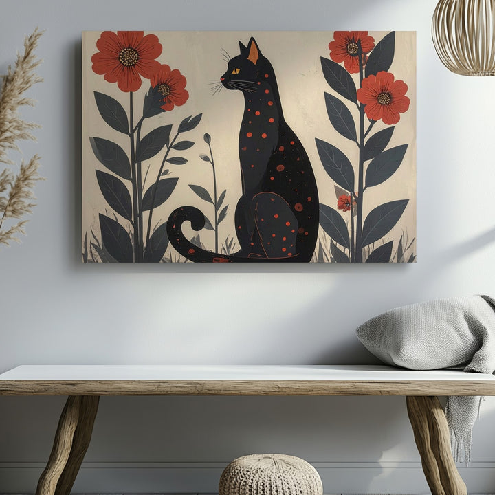 Folk Art Black Cat Canvas – Stylized Red Floral Illustration Print - Gifitto