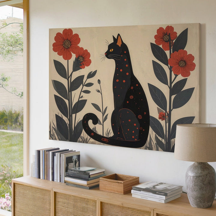 Folk Art Black Cat Canvas – Stylized Red Floral Illustration Print - Gifitto