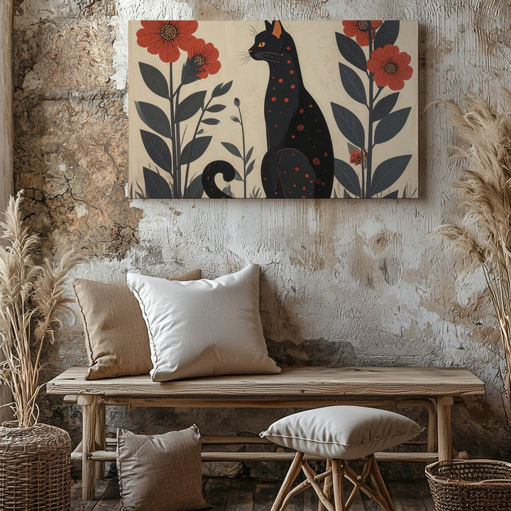 Folk Art Black Cat Canvas – Stylized Red Floral Illustration Print - Gifitto