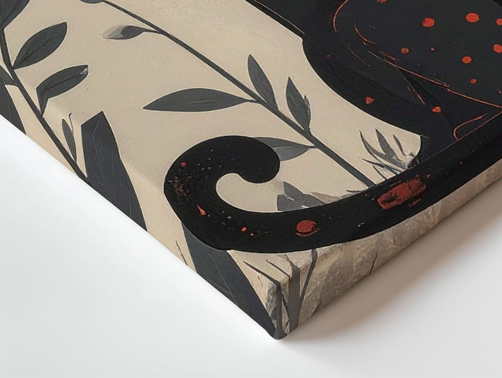 Folk Art Black Cat Canvas – Stylized Red Floral Illustration Print - Gifitto