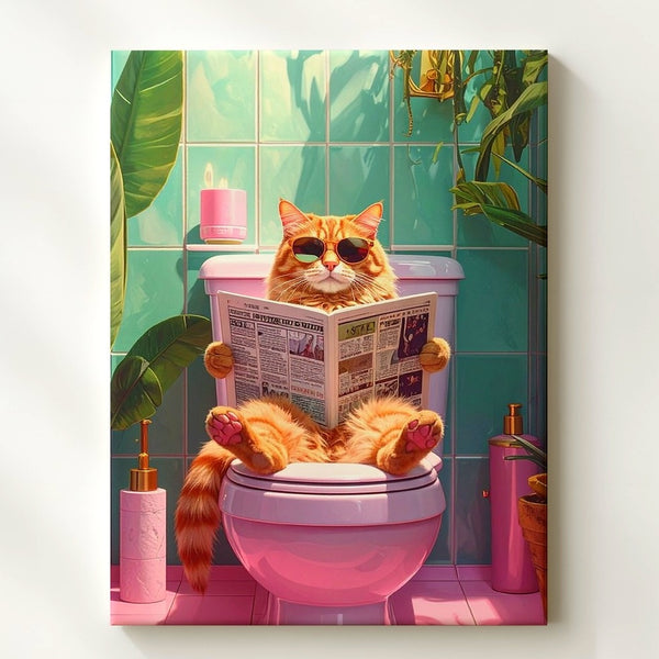 Retro Bathroom Cat Canvas – Orange Cat on Toilet with Shades & Style - Gifitto