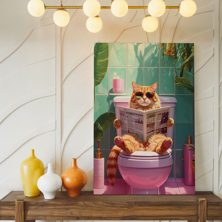 Retro Bathroom Cat Canvas – Orange Cat on Toilet with Shades & Style - Gifitto