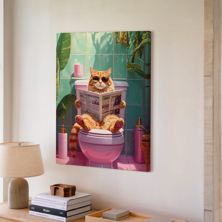 Retro Bathroom Cat Canvas – Orange Cat on Toilet with Shades & Style - Gifitto