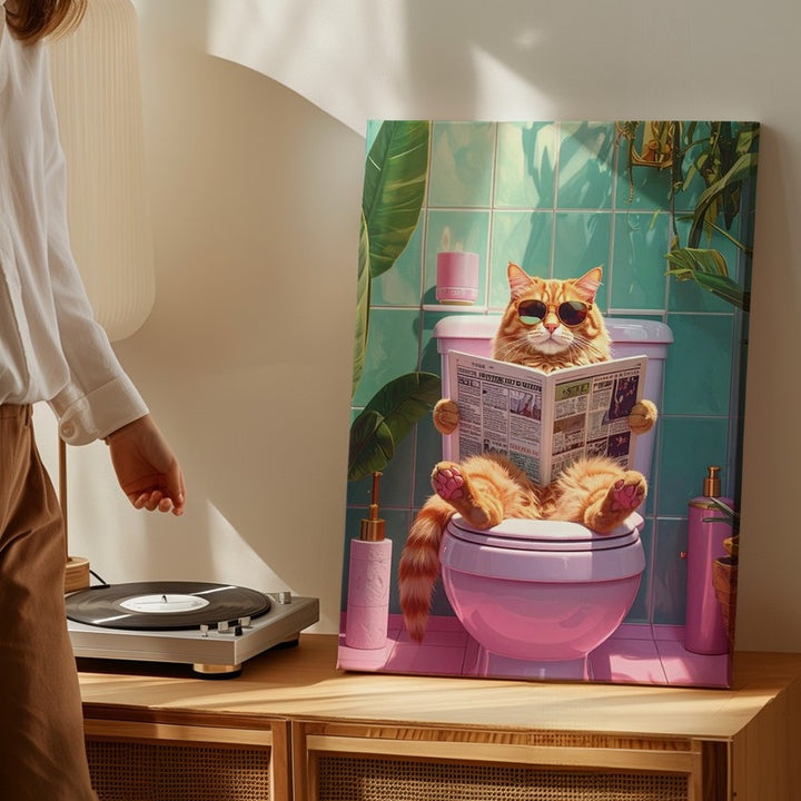 Retro Bathroom Cat Canvas – Orange Cat on Toilet with Shades & Style - Gifitto