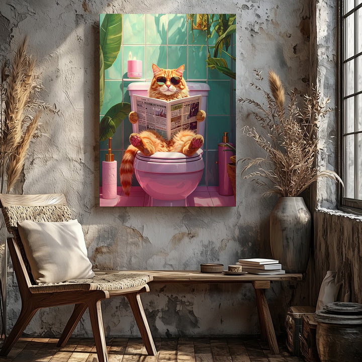 Retro Bathroom Cat Canvas – Orange Cat on Toilet with Shades & Style - Gifitto