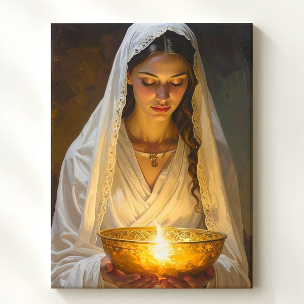 Sacred Offering Canvas – Serene Woman with Glowing Light Wall Art - Gifitto