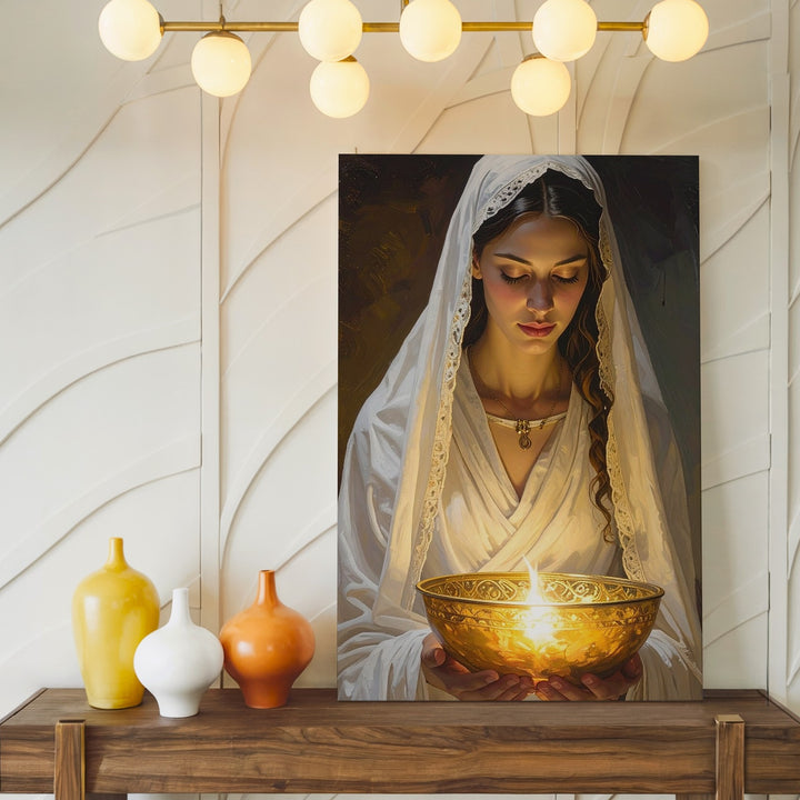 Sacred Offering Canvas – Serene Woman with Glowing Light Wall Art - Gifitto