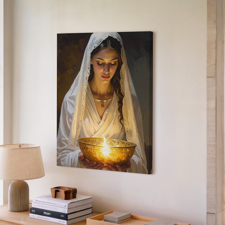 Sacred Offering Canvas – Serene Woman with Glowing Light Wall Art - Gifitto