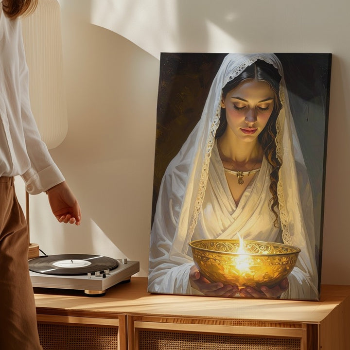 Sacred Offering Canvas – Serene Woman with Glowing Light Wall Art - Gifitto