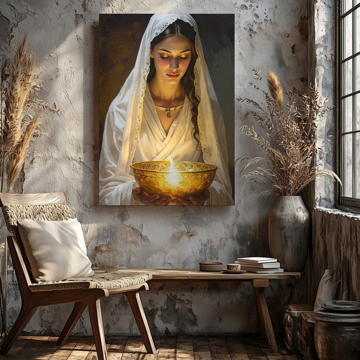 Sacred Offering Canvas – Serene Woman with Glowing Light Wall Art - Gifitto