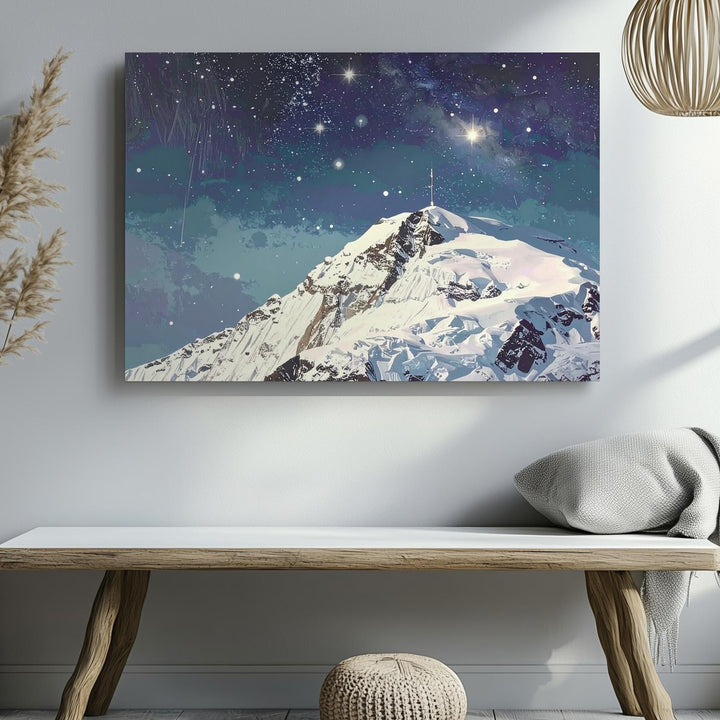Silent Summit Canvas – Minimalist Snowy Mountain Under Starry Night Sky - Gifitto