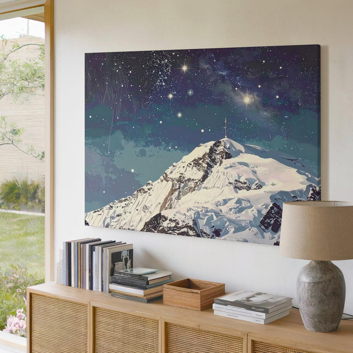 Silent Summit Canvas – Minimalist Snowy Mountain Under Starry Night Sky - Gifitto