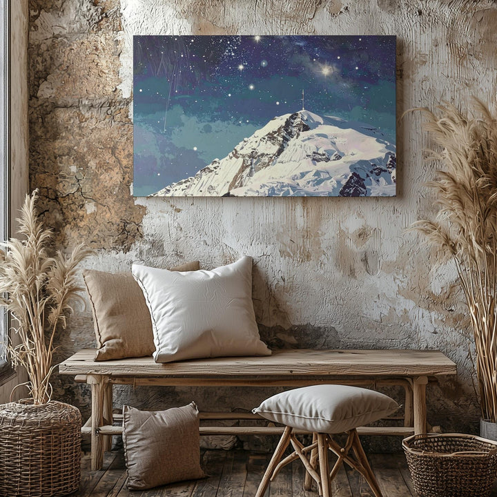 Silent Summit Canvas – Minimalist Snowy Mountain Under Starry Night Sky - Gifitto