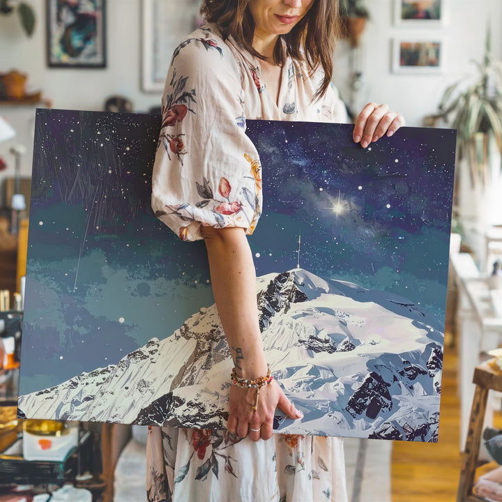 Silent Summit Canvas – Minimalist Snowy Mountain Under Starry Night Sky - Gifitto