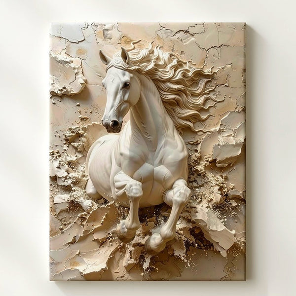 Breakthrough Motion Canvas – 3D White Horse Leaping from Sculpted Wall - Gifitto