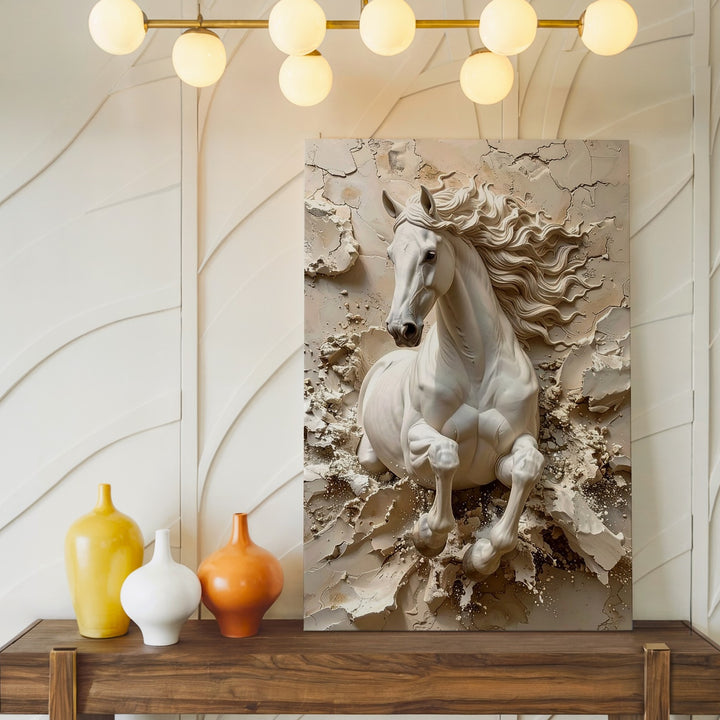 Breakthrough Motion Canvas – 3D White Horse Leaping from Sculpted Wall - Gifitto