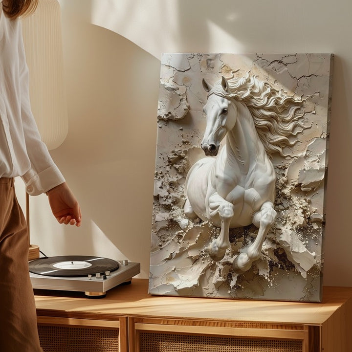 Breakthrough Motion Canvas – 3D White Horse Leaping from Sculpted Wall - Gifitto