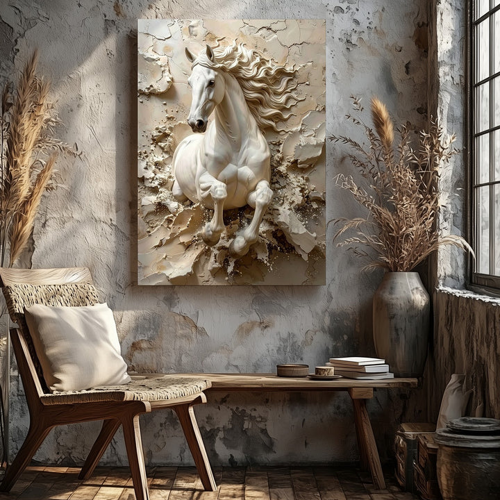 Breakthrough Motion Canvas – 3D White Horse Leaping from Sculpted Wall - Gifitto