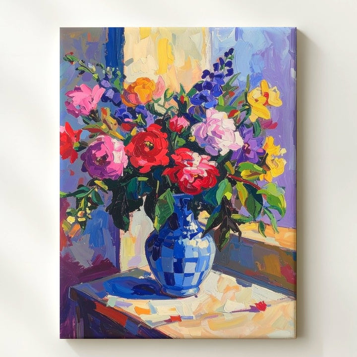 Vivid Bouquet Canvas – Colorful Impressionistic Floral Art in Blue & White Vase - Gifitto