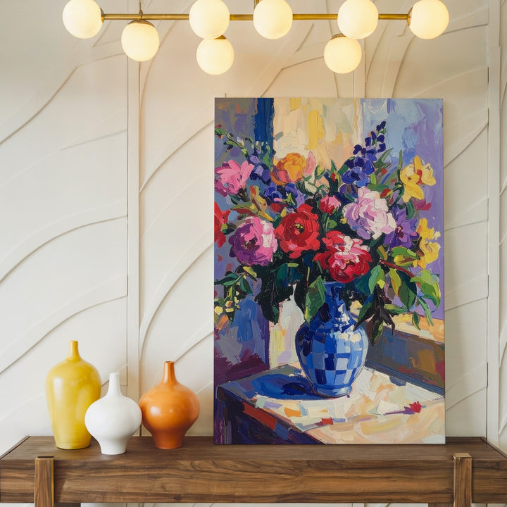 Vivid Bouquet Canvas – Colorful Impressionistic Floral Art in Blue & White Vase - Gifitto
