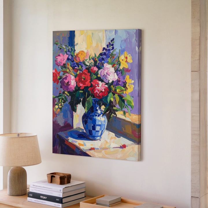 Vivid Bouquet Canvas – Colorful Impressionistic Floral Art in Blue & White Vase - Gifitto