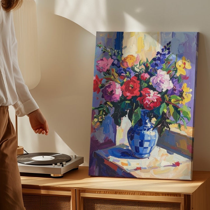 Vivid Bouquet Canvas – Colorful Impressionistic Floral Art in Blue & White Vase - Gifitto