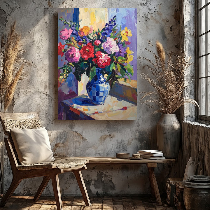 Vivid Bouquet Canvas – Colorful Impressionistic Floral Art in Blue & White Vase - Gifitto