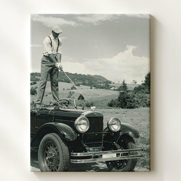 Vintage Golfer on Convertible Canvas – Black & White 1920s Humor Wall Art - Gifitto