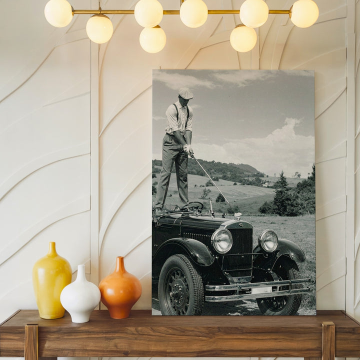 Vintage Golfer on Convertible Canvas – Black & White 1920s Humor Wall Art - Gifitto